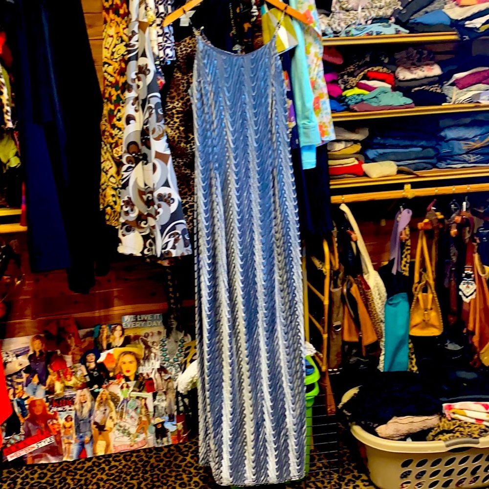 Shiny Silver Stretchy Velveteen Scott McClintock Evening Dress